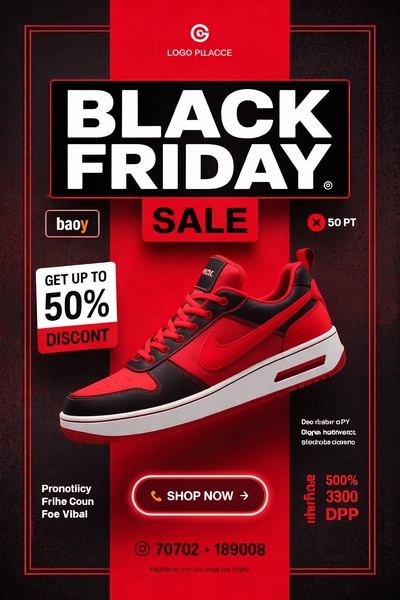 sneakers, athletic shoes, running shoes, sports shoes, casual shoes, trainers, footwear, sale promotion, modern typography, bold, energetic, red, black, black friday